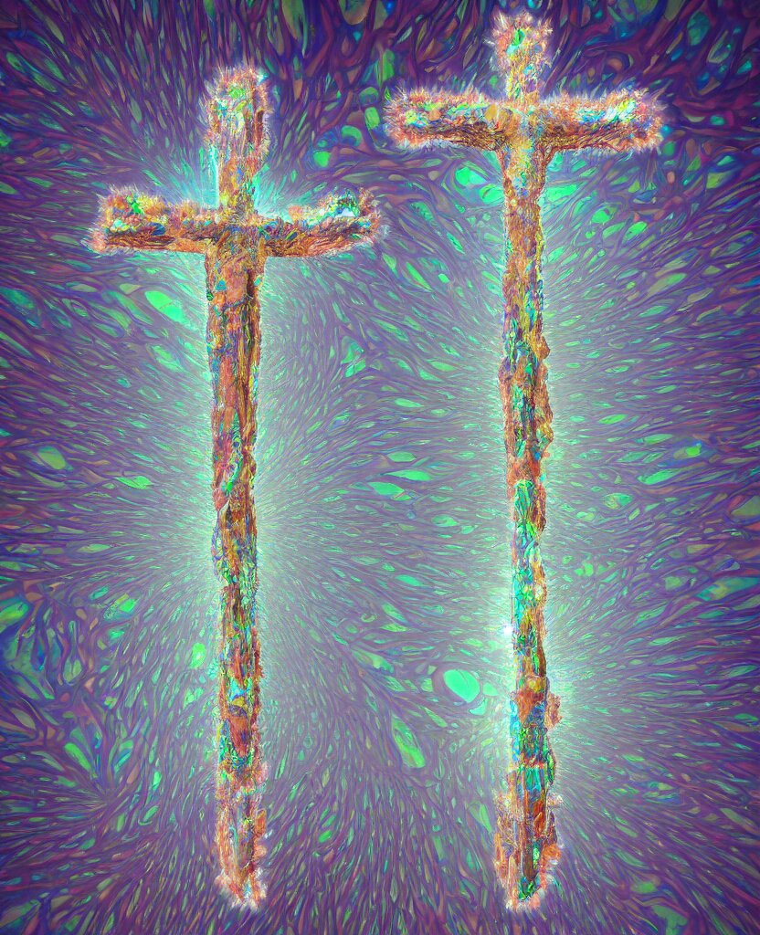 A Crystalline 3 D Mandelbulb Fractal in the Shape of Jesus Christ on the Cross, Bioluminescent Opal, Fractal, Magnificent Lighting, Ethereal, Ray Tracing, Octane, Holographic. Turn off all the lights except for the light from the fractal