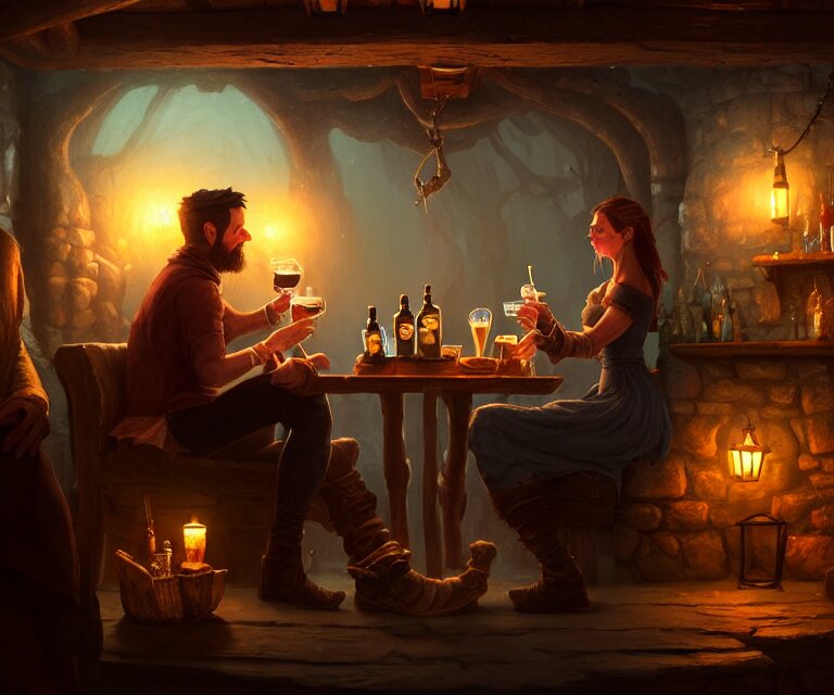 A beautiful adventuring couple drinking, dimly lit cozy tavern, relaxed pose, fantasy art, detailed painterly digital art style by Chip Zdarsky, d&d vibe, 🍸, 8k octane beautifully detailed render, post-processing, extremely hyperdetailed, intricate, epic composition, grim yet sparkling atmosphere, cinematic lighting + masterpiece, trending on artstation. As a photograph by Frédéric Kibas