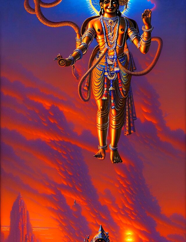 simplify the composition by removing all but the statue of krishna, and adding a light in the distance.