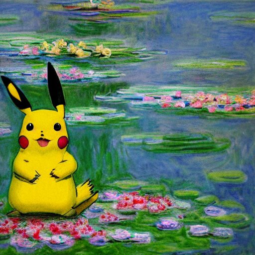 pikachu laying relaxed near a lake surrounded by flowers, claude monet style, cloudy weather