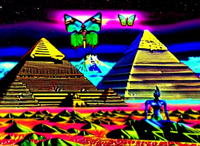 3 d render of cyborg demon hindu god and egyptian goddess standing in cybernetic mountain landscape with castle ruins against a psychedelic surreal background with 3 d butterflies and 3 d flowers n the style of 1 9 9 0's cg graphics against the cloudy night sky, lsd dream emulator psx, 3 d rendered y 2 k aesthetic by ichiro tanida, 3 do magazine, wide shot 