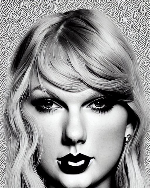 typography portrait of taylor swift, stylized art Make Taylor Swift turn into a zombie with her skin peeling off her face and blood and puss