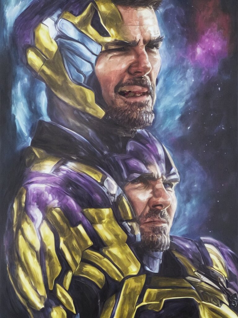 tom cruise as his own character, high quality oil portrait. Change Thanos to either a superhero or a character from a film.