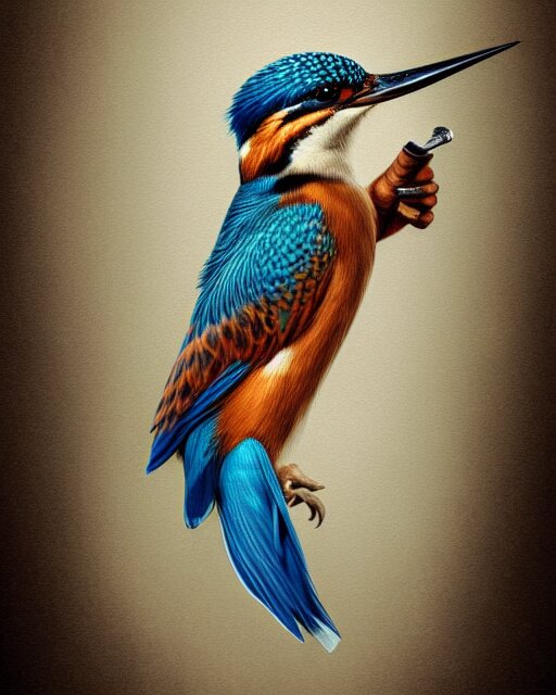 portrait of a kingfisher, human body, bird head, sophisticated with a tobacco pipe in its mouth, classic portrait, intricate, elegant, highly detailed, symmetry, headpiece, digital painting, artstation concept art smooth sharp focus, illustration