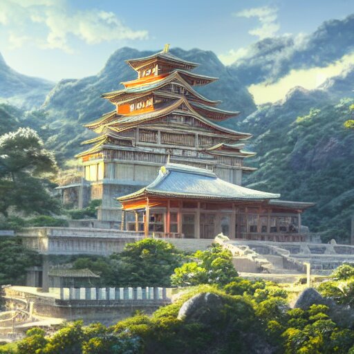 concept art painting of a marble temple on top of a mountain, with greek and japanese architecture, overlooking a village in a valley, early morning, realistic, detailed, cel shaded, in the style of makoto shinkai and greg rutkowski and albert bierstadt and james gurney 