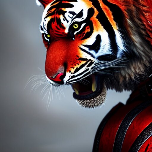 Turn the tiger into a dragon wearing ultra heavy combat armour with red and black color hyperdetailed photorealistic digotal art aesthetic cool character design by charles bowater artger highly detailed detailed face 8k cinematic. turn the tiger into a dragon