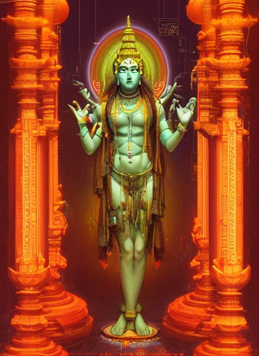 cybertronic shiva statue in a hindu temple, neal ashermiles johnston kuroda seiki cynica realism ozabu john william godward, painterly, yoshitak, sci - fi, cyberpunk, artstation, conceptual, hyperdetailed, donato giancola, james gurney, neon lights. Add neon lights and mood lighting