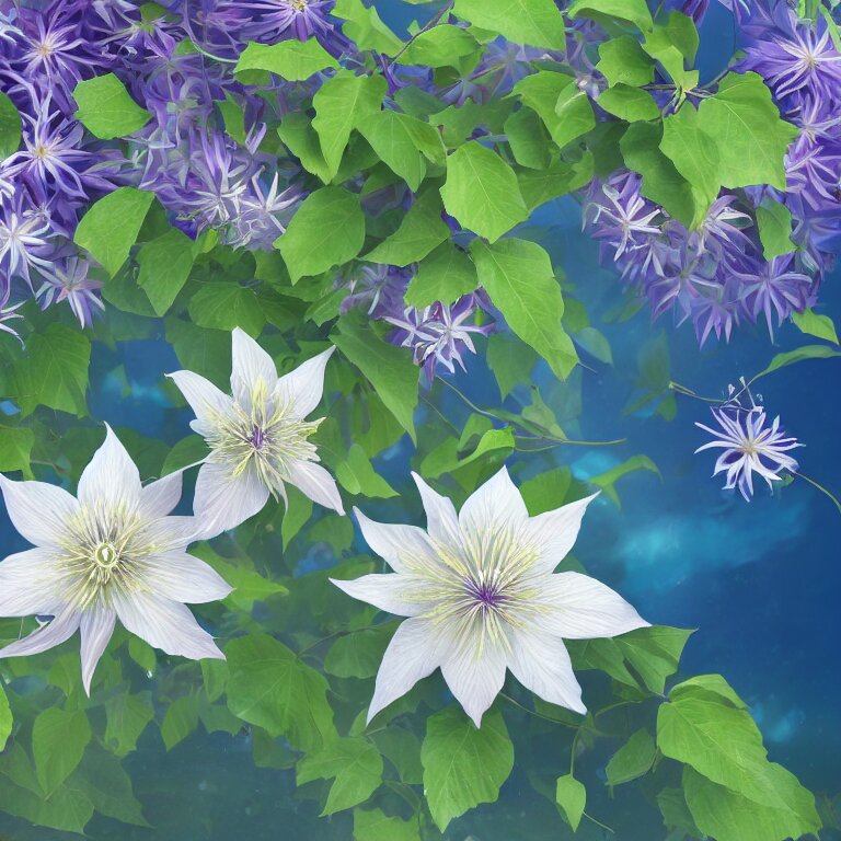 clematis theme logo, clematis theme banner, clematis design, clematis in the deep sea, clematis like stars in the sky, hydrangea, trending on artstation, warm light, lovely and cute, fantasy art, 8 k resolution, highly detailed