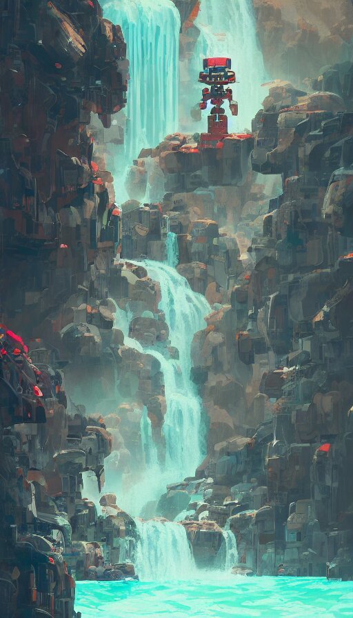 a giant broken robot cooling down under a waterfall, rustic, dormant, nearby, sharp focus, james gilleard, cinematic, game art, extremely detailed digital painting, print