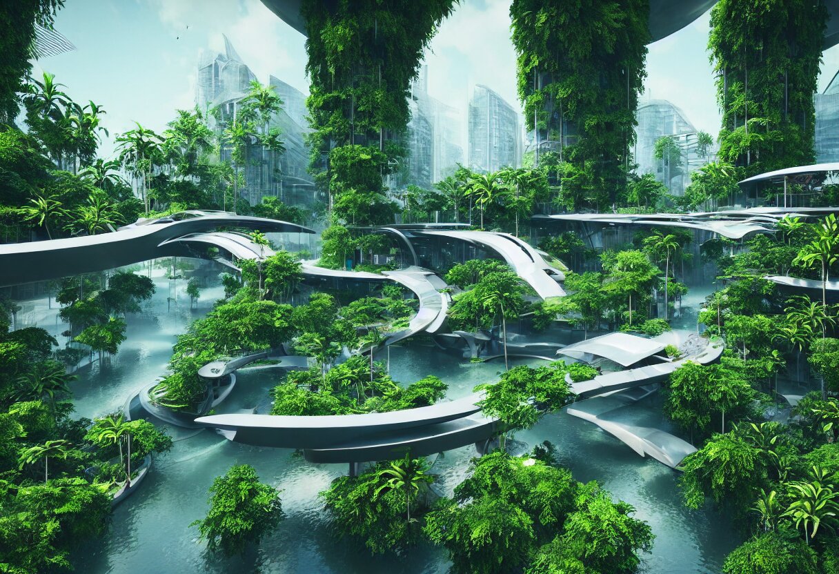 The city with big buildings and roads , flowing river between city around trees 