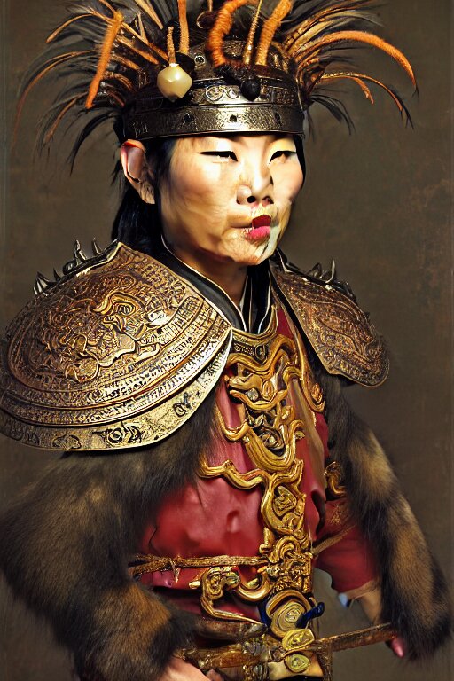 beautiful portrait depicted an tai ethnic king, young japanese male face, clothed with an glass canelian agate beads, dongson bronze artifacts, leather, elegant and rich cloth made of fur and leather. he wears on head a helmet made of bronze, feathers, attaches iron sword and leather shield. by daniel f. gerhartz and artgerm and greg rutkowski. dark fantasy art, energetic mood, golden ratio composition, dynamic lighting, trending on artstation, poster, volumetric lighting, 4 k