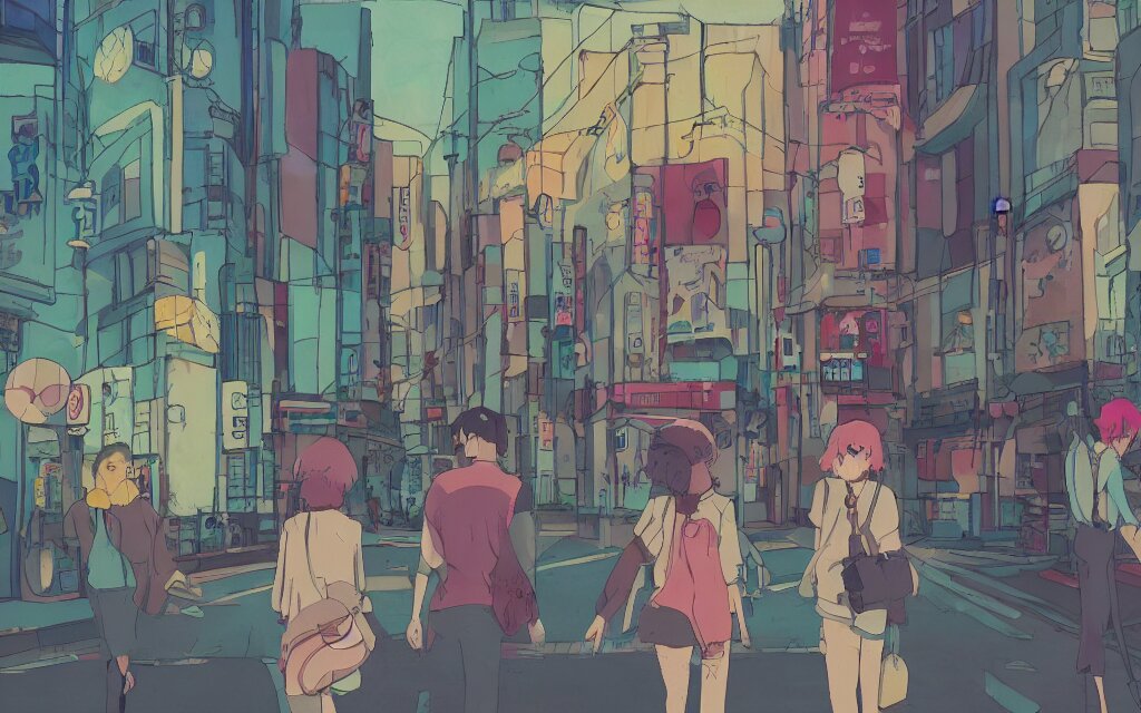 3 humans walking in a city mixed between tokyo and paris, near the see, lofi, dreamy, modofy, very colorful, anime inspiration, ghibli vibe