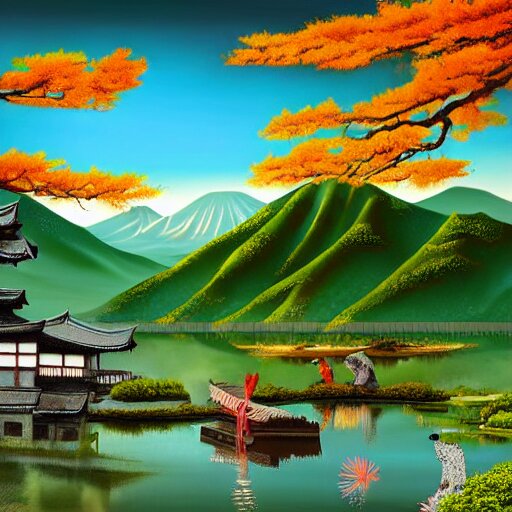 Japanese Landscape, Temple, Mountains in Distance, Lake with Japanese Creatures in Front, Digital Art, High Quality. Add a dragon