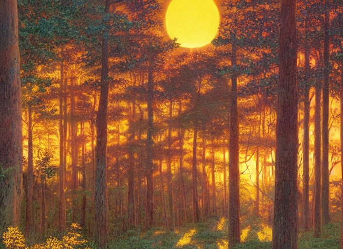 the sun rose over the horizon and bathed the forest with a warm, different-colored light. The trees of the forest seemed to stretch toward the sky, reaching for the light of different planets. change sun into different planets