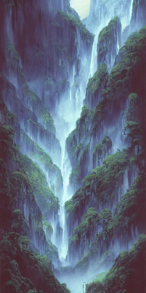 an impressive waterfall on the side of a huge mountain, moody, mist, highly detailed, by vincent di fate nausicaa and ghibli