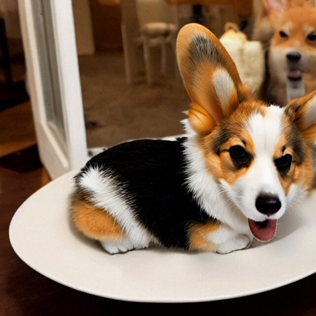 a cute corgi lives in a house made of sushi. Corgi happy. Corgi smile