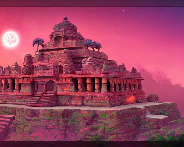 ancient indian structure, trending on art station, with an ancient temple in the background. add an ancient temple in the background