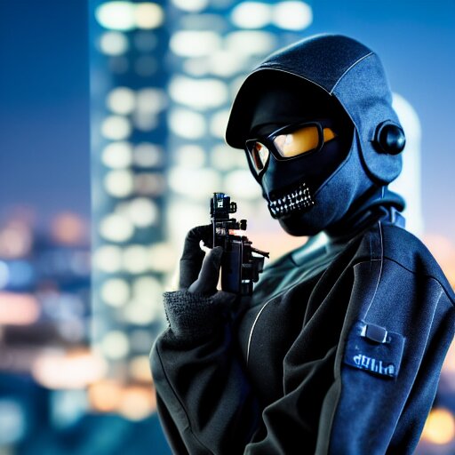 photographic portrait of a techwear woman presenting a bullet, closeup, on the rooftop of a futuristic city at night, sigma 85mm f/1.4, 4k, depth of field, high resolution, full color, award winning photography