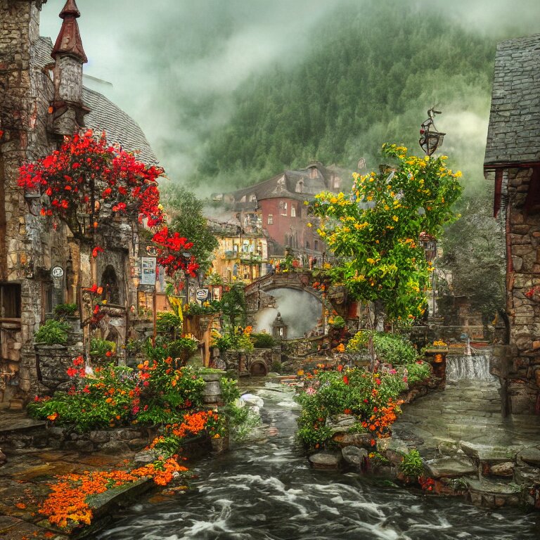 medieval village, ornate, beautiful, atmosphere, vibe, mist, smoke, chimney, rain, well, wet, pristine, puddles, red and yellow flowers, waterfall, melting, dripping, snow, creek, lush, ice, bridge, cart, orange, green, stained glass, forest, flowers, concept art illustration, color page, trending on artstation