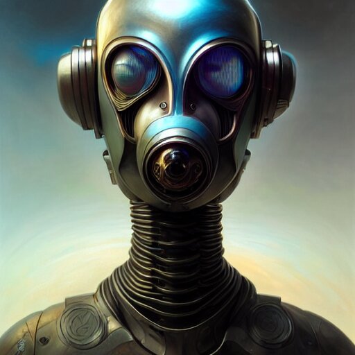 front shot of a cyberpunk gazmask robot character, intricate, elegant, highly detailed, centered, digital painting, artstation, concept art, smooth, sharp focus, illustration, artgerm, Tomasz Alen Kopera, Peter Mohrbacher, donato giancola, Joseph Christian Leyendecker, WLOP, Boris Vallejo
