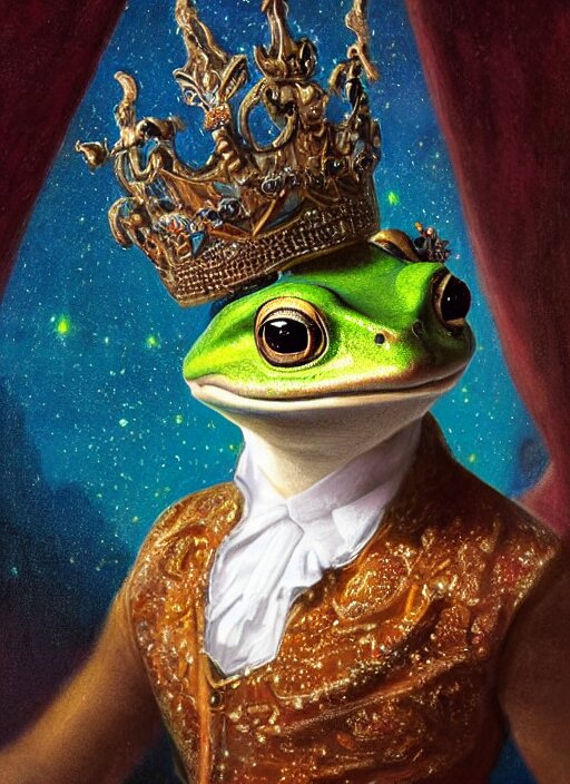 close - up fantasy art, anthropomorphic portrait of anthropomorphic frog, prince, in a crown, bokeh, blurred space, stars, dreamy, romantic, painting in the museum, highly detailed, sharp focus, digital painting, artwork, by john james audubon by victor adame minguez by yuumei by tom lovell by sandro botticelli