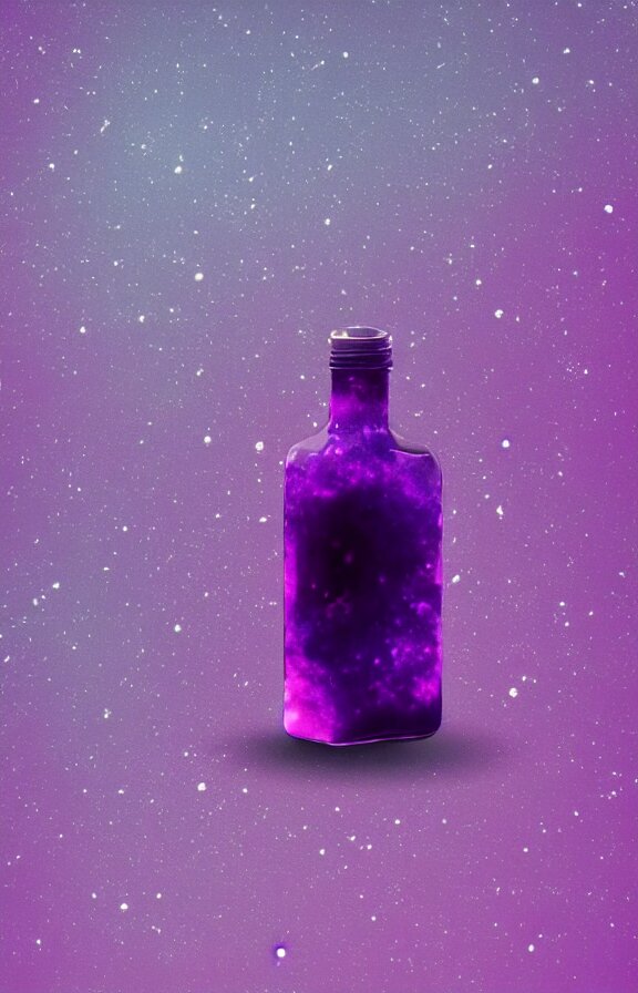 purple liquid inside a bottle, universe background, minimalist artwork,