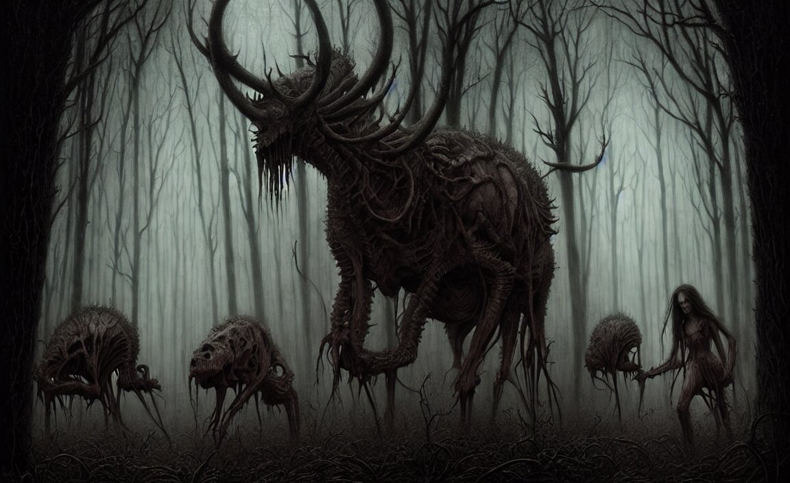 add a big scary wolves to the dark forest and add fog and rain