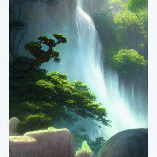 dreamscape architect, illustration of waterfall with droplets of water, pastel, lush trees, style of atlantis the lost empire, style of disney, white paper, gold layers, clear edges, style of studio ghibli, in the style of fenghua zhong and ruan jia and jeremy lipking and peter mohrb. add water droplets and make it flow slowly