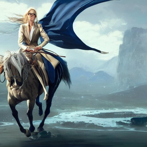 luxury advertisement, a highly detailed uncropped epic cinematic concept art CG render digital painting artwork: a blond female accountant in a blue suit with glasses riding in a saddle on a horse. By Greg Rutkowski, Ilya Kuvshinov, WLOP, Stanley Artgerm Lau, Ruan Jia and Fenghua Zhong, trending on ArtStation, made in Maya, Blender and Photoshop, octane render, excellent composition, cinematic atmosphere, dynamic dramatic cinematic lighting, aesthetic, very inspirational, arthouse