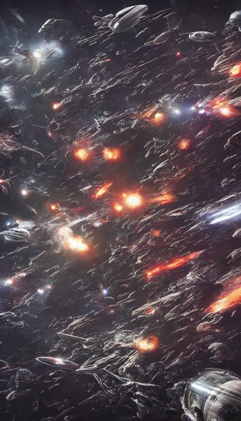 over 1 0 0 alien ships fighting in space, explosions, high contrast, art by mark cooper, 8 k, hyper detailed, hdr, intricate