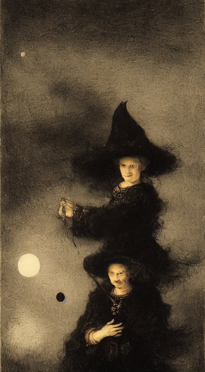 portrait of a beautiful witch with a moon above her in the sky by rembrandt