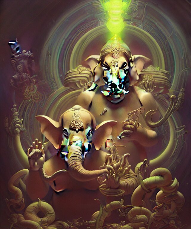 ganesha, futuristic holographic displays with glowing halo, in the style of peter mohrbacher, wayne barlowe, gustav moreau, bussiere, roberto ferri, santiago caruso, luis ricardo falero, austin osman spare, luke brown. Add a glowing halo around his head.