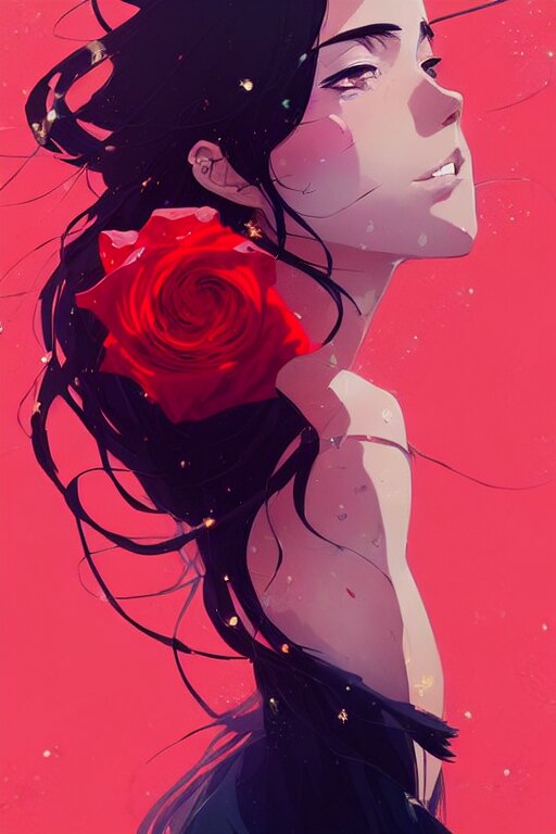 a ultradetailed beautiful panting of a stylish woman holding a rose, by conrad roset, greg rutkowski and makoto shinkai, trending on artstation