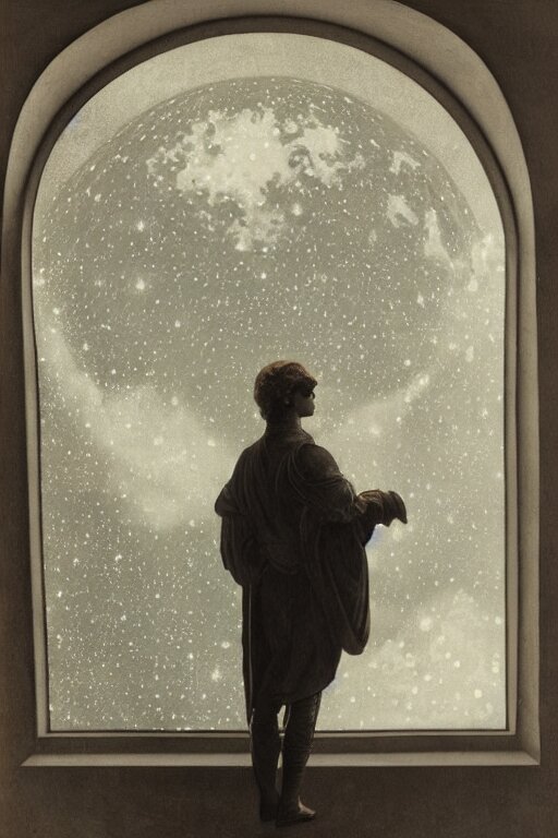 a realistic detail portrait of A handsome young male nobleman, leaned against a large domed window, One hand was resting on the window, the moon cast on the man, the man looked up, The middle ages, The window reflected the starry sky, shining star, raining, goth, wide-angle lens, by Alphonse Mucha, Wolp, Sparth, Mark Brooks, Brad Kunkle, Vincent di fate, Paul-chadeisson, Dylan Cole, Jin Kim, Denis Villeneuve, Ben Nicholas, Anton Fadeev, thomas kinkade, rutkowski, Finnian MacManus, Tsutomu Kitazawa,  black and red scheme, 8k