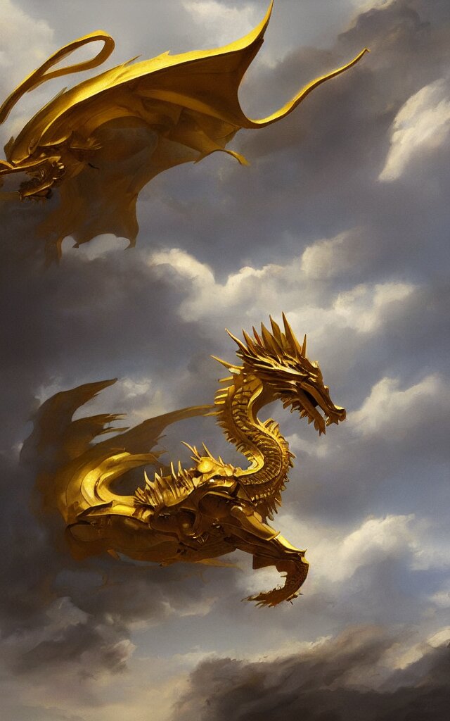 pablo carpio's painting of a golden dragon in bright colors,colored. in bright colors