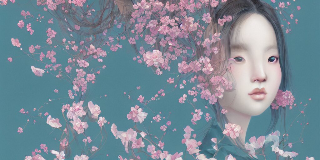 THE CHERRY BLOSSOM TREE HOUSE :: beautiful ornate treehouse in a gigantic pink cherry blossom tree :: on a high blue grey and brown cliff with light snow and pink cherry blossom trees :: Roger Deakins and Moebius and Alphonse Much and Guweiz :: Intricate details
