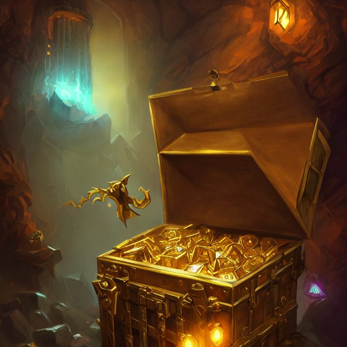 cinematic study of a fantasy chest containing gold and gemstones in a dungeon, chalk, masterpiece, trending on artstation, featured on pixiv, cinematic composition, dramatic, beautiful lighting, sharp details, hyper-detailed, HD, HDR, 4K, 8K, art by Basil Gogos