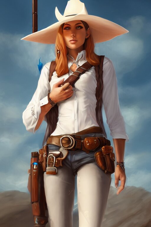 full body, female cowgirl, perfect face, white blouse, empty gun holster, 8 k, magic the gathering, desert, d & d, artstation, high detail, smooth, muscular