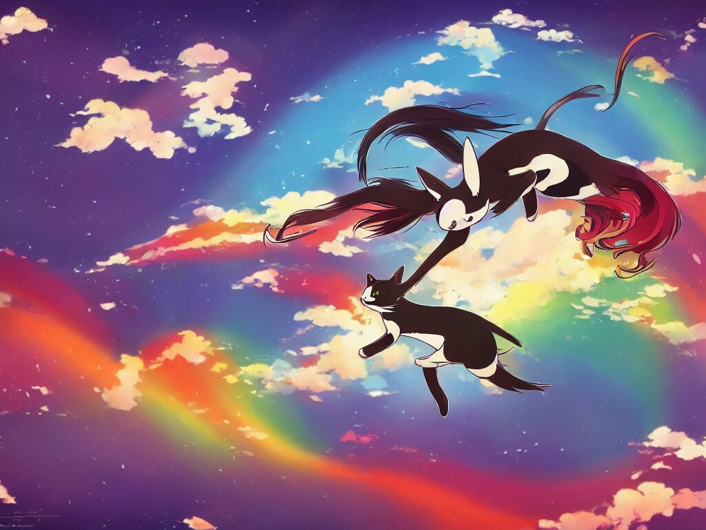 a flying rainbow - colored cat, studio ghibli, anime, 4 k wallpaper, artstation turned into a window installation by banafria. turn it into a window installation