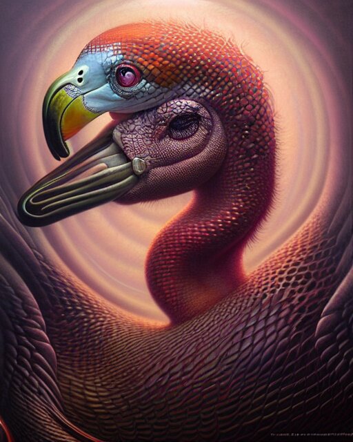 A detailed portrait of a dreampunk flamingo python hybrid mix by tomasz alen kopera and peter mohrbacher, with a robot friend. Add a robot friend