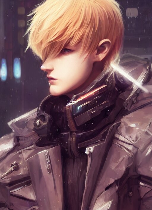 smirking blonde teenage boy rouge assassin, wearing cyberpunk intricate techwear clothing, beautiful, detailed portrait, cell shaded, 4 k, concept art, by wlop, ilya kuvshinov, artgerm, krenz cushart, greg rutkowski, pixiv. cinematic dramatic atmosphere, sharp focus, volumetric lighting, cinematic lighting, studio quality 