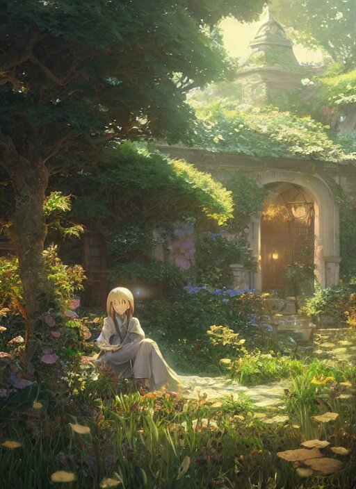 A girl and a boy are sitting in a beautiful garden