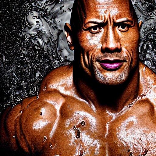 a portrait dwayne johnson covered in slime as he waked up in the morning, digital photography, highly detailed Change the background to a green field with yellow flowers.