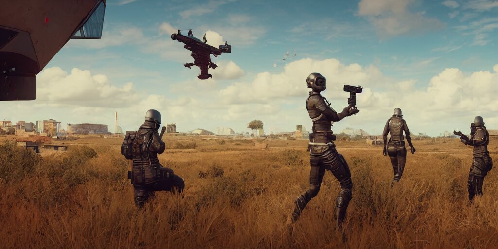 A futuristic pubg game first person perspective. screenshot cinematic, future technology, future miramar, unreal engine 5 colorful, contrast, depth of field, 3 d scene, render, greg rutkowski, zabrocki, karlkka, jayison devadas, trending on artstation, 8 k, ultra wide angle, zenith view, pinc. a cinemaScope image with a 70mm lens.