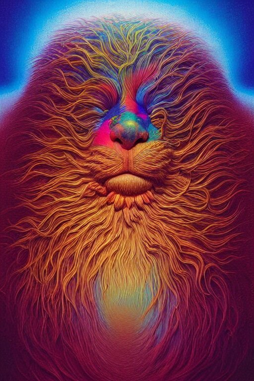 hyperrealistic close-up baroque psychedelic!! celestial organic happy fluffy kind monster!! peaceful kind spirit of nature highly detailed concept art eric zener elson peter cinematic hard rainbow lighting high angle hd 8k sharp shallow depth of field, inspired by Zdzisław Beksiński