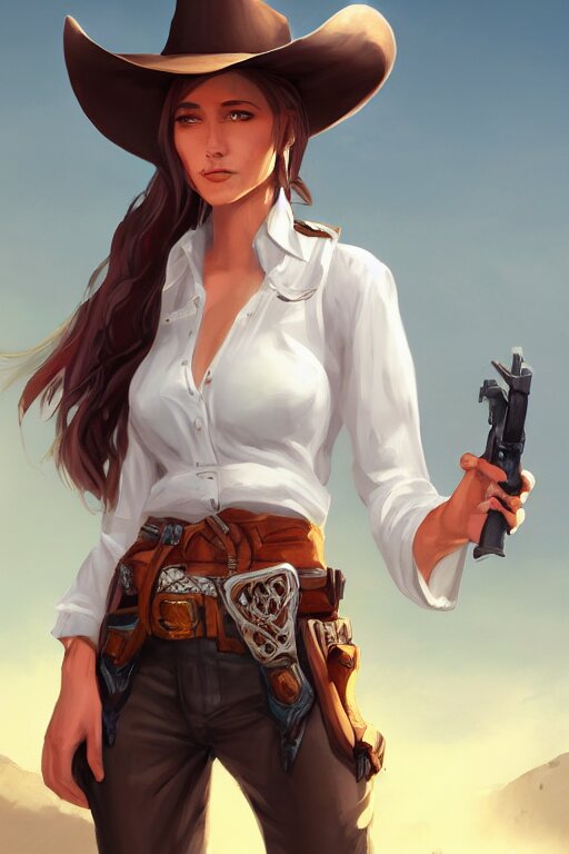 Full body, Female Cowgirl, Perfect Face, No Shirt, Long Rifle, 8k, Magic the Gathering, Desert, and a Doubloon! ArtStation. make her shirtless