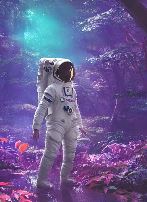 A astronaut sitting in the forest 