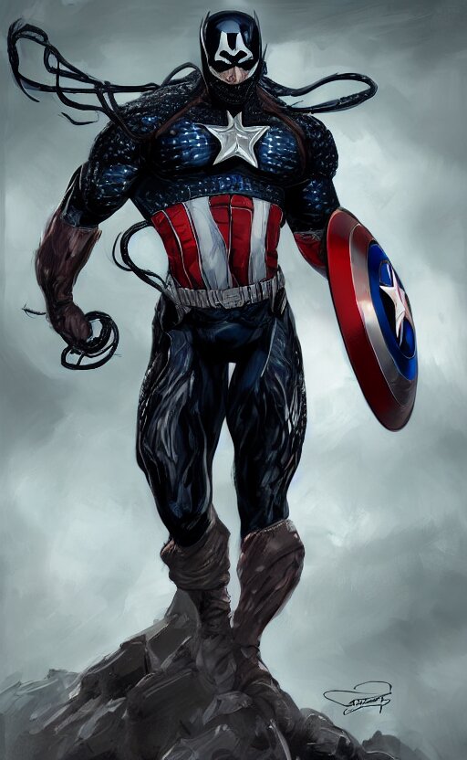 full body portrait of Venom as Captain America, dynamic lighting, cinematic, ultra detailed, trending on art station, stunning visuals, creative, fantasy concept art. turn the background into a night sky