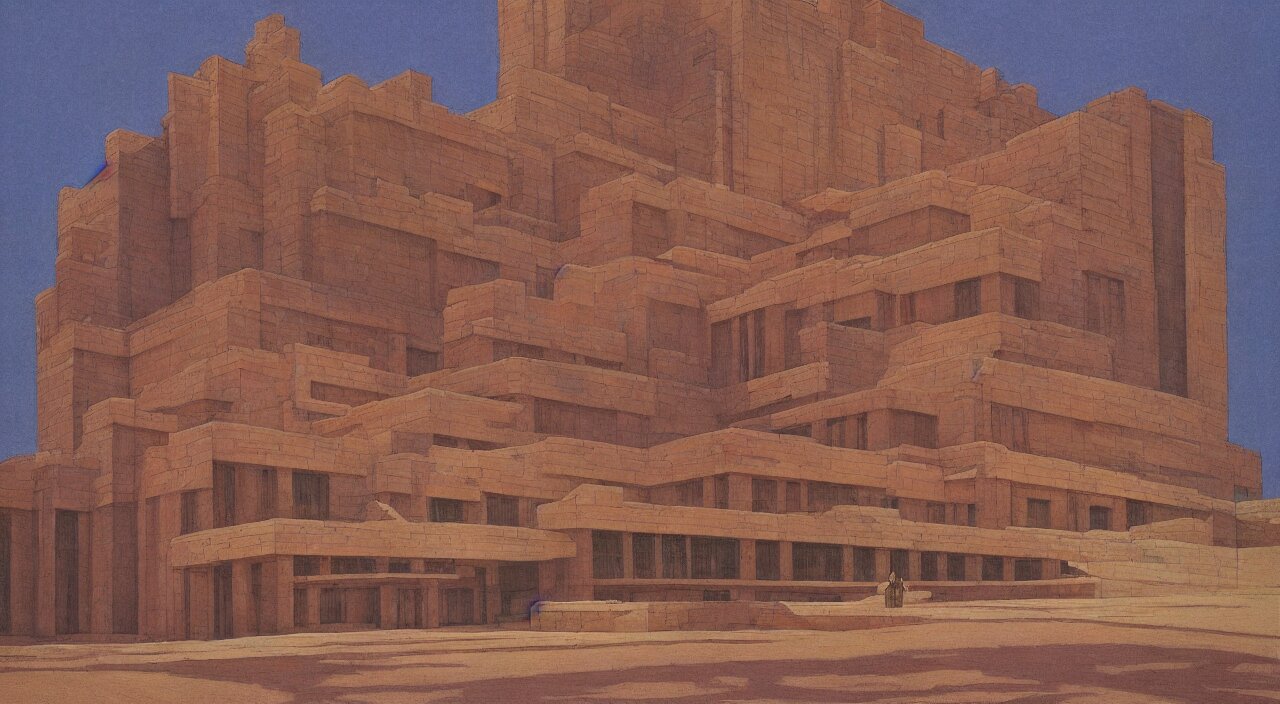  “a very detailed architectural sketch of a modern building by frank lloyd wright on a textured brown paper, windows bright with orange and yellow light color spilling on the floor”