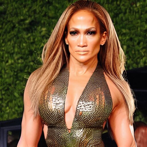 Jennifer Lopez as an elegant and shimmering muscle woman. Make her elegant and shimmer